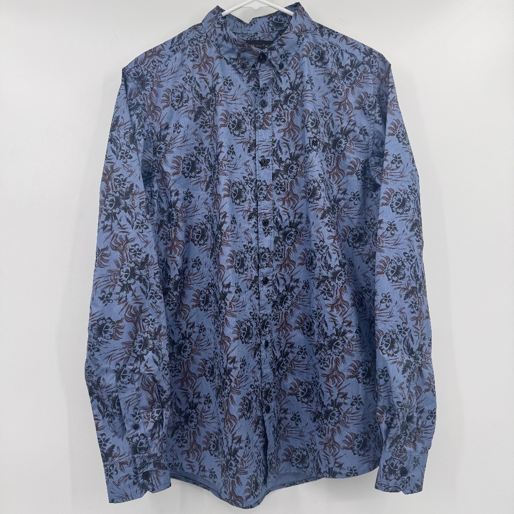 Massimo Dutti Shirt Men Medium NEW Blue Slim Floral Long Sleeve Button Up Tech